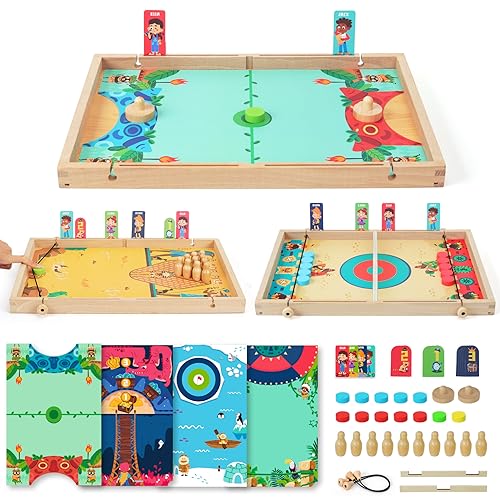 QZMTOY Large Fast Sling Puck Game Air Hocky Table Game Bowling Games 10 in 1 Family Games for Boys GirlsTeensAdultsWooden Hockey Board Game for 3 Years Old Kids