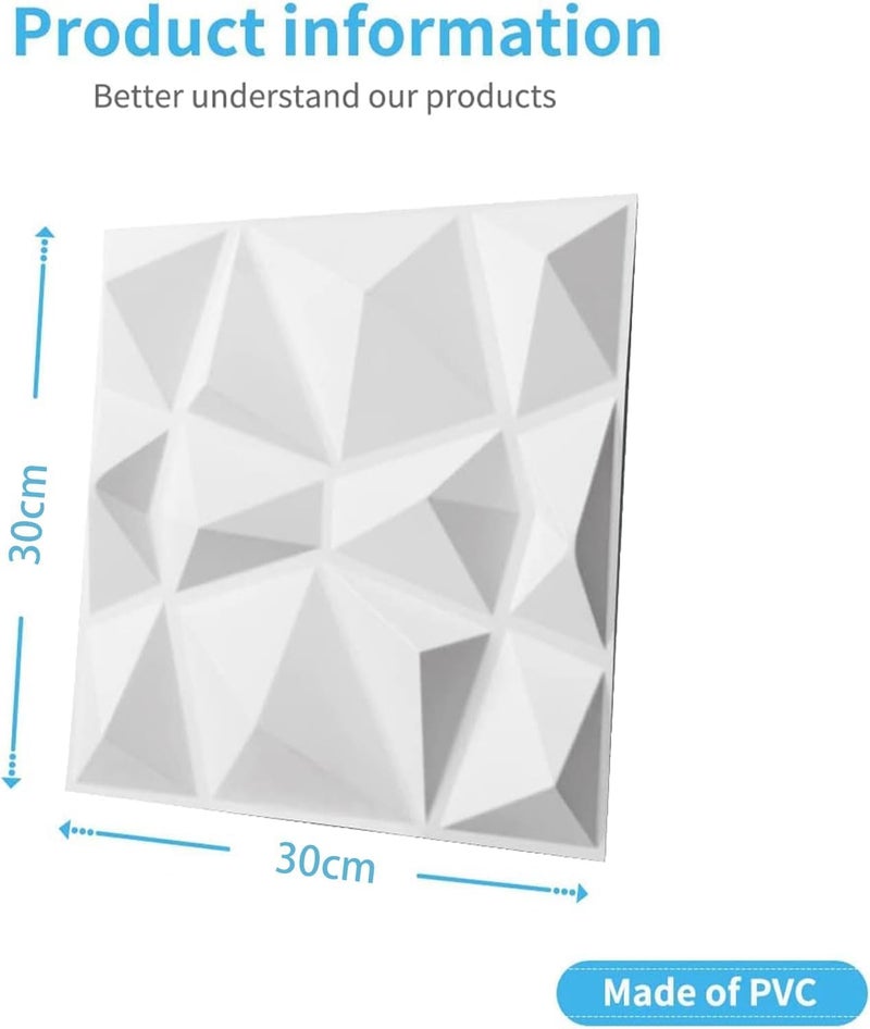 Decorative 3D Wall Panels in Diamond Design, PVC 3D Wall Panel Diamond, for Interior Decor (White, 30 * 30cm, 10Pcs) - Image 2