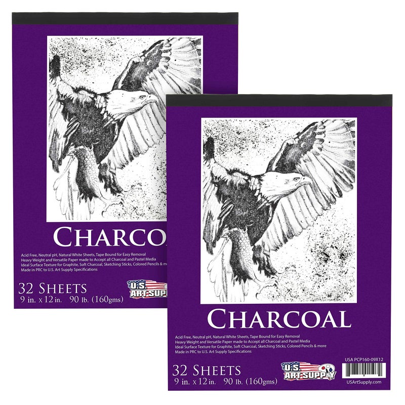 US Art Supply 9 x 12 Premium HeavyWeight Charcoal Sketchbook 2 Pack 64 Sheets Total 90lb 160gsm Sketch Book Pad for Charcoal Pencil Pastel Drawing