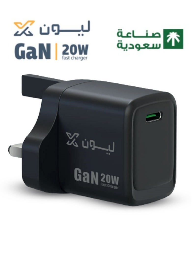 ليون اكس قابس شاحن جداري سريع 20 واط من ليون اكس | فيش تايب سي (USB C) بتقنية PD لآيفون 17/16/15 برو، آيباد، وجالاكسي (صناعة سعودية) - أسود - Image 1