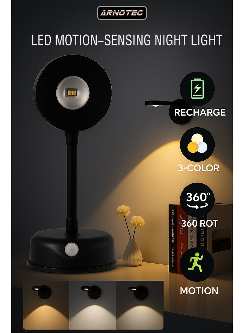 ARNOTEC LED Motion Sensor Night Light,Rechargeable Wall Sconce,Picture Light,Dimmable 3 Color Temperature,360°Rotation Wireless Spotlight for Wall Stair Kids Room Hallway Bedroom Cabinet Closet - Image 1