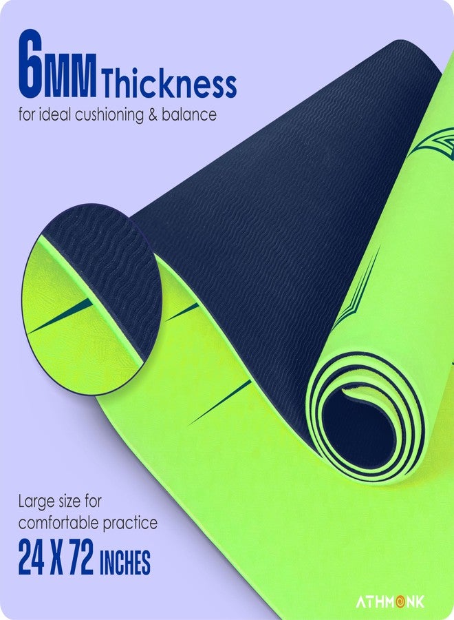 Athmonk Dual Colour TPE Pro Yoga Mat for Woman and Man with Alignment Guide Lines | Home Gym Equipment Exercise Mats for Workout | 6mm Thick Anti Slip Mat for Kids | Big Size with Cover Bag, Neon - Image 4