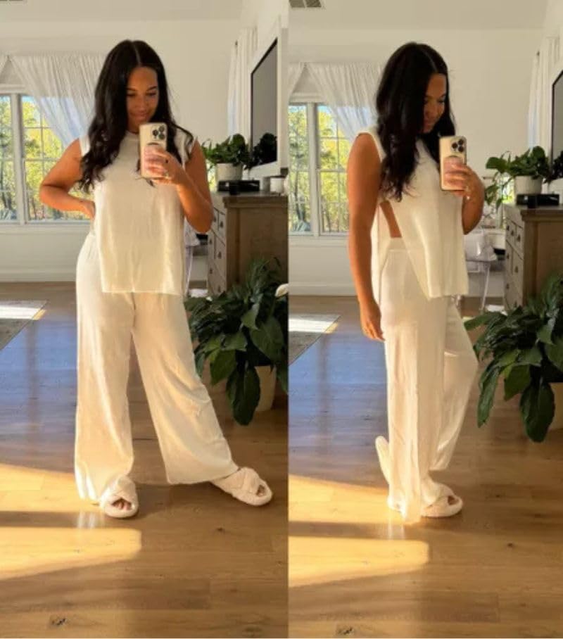 Lviefent Womens 2 Piece Outfits Sweater Set Sleeveless Side Slit Pullover Top Knit Wide Leg Pants Lounge Matching Sets (Beige-S) - Image 3
