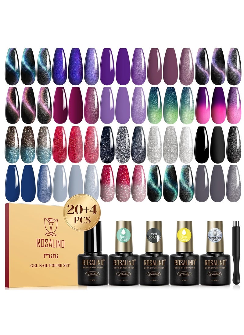 Rosalind ROSALIND 24PCS Cat Eye Gel Nail Polish Set with Glitter Glossy Matte Top Coat Base Coat, Color Changing Glitter Shinny Effect Magic Gel Polish Set Soak Off Nail Gel Polish Nail Art 