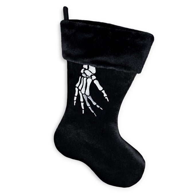 BLACK CHRISTMAS STOCKING VELVET AND FAUX FUR SILVER EMBROIDERED SKELETON HAND GOTH HEXMAS DECOR DELUXE GOTHIC XMAS DECORATION