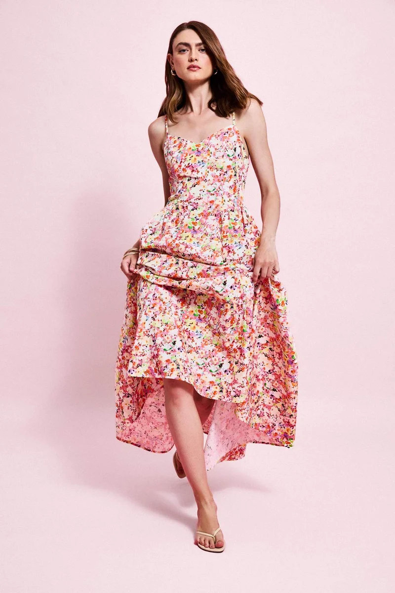 Heart Collar Floral Poplin Midi Dress