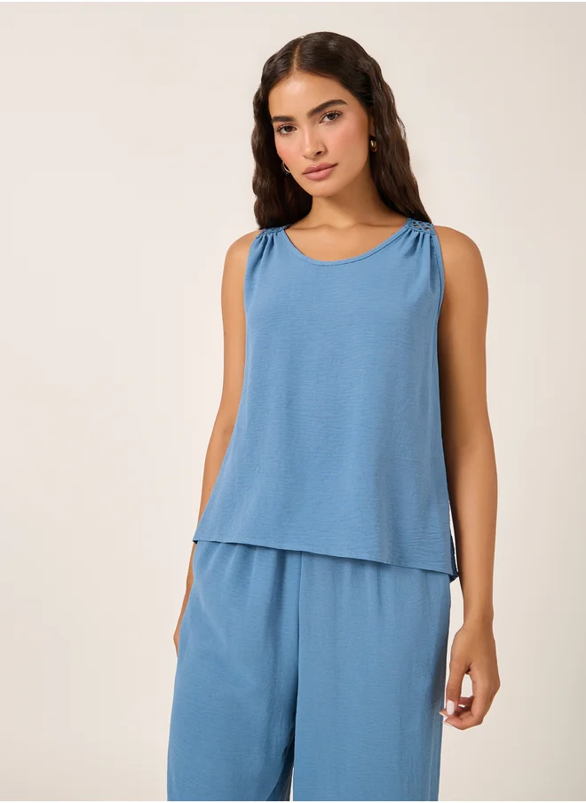 Styli Solid Lace Insert Sleeveless Top and Wide Leg Pants Co-Ords