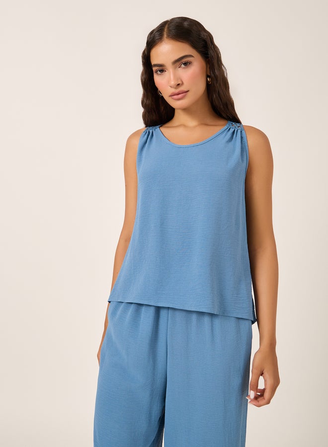Styli Solid Lace Insert Sleeveless Top and Wide Leg Pants Co-Ords  - Image 2
