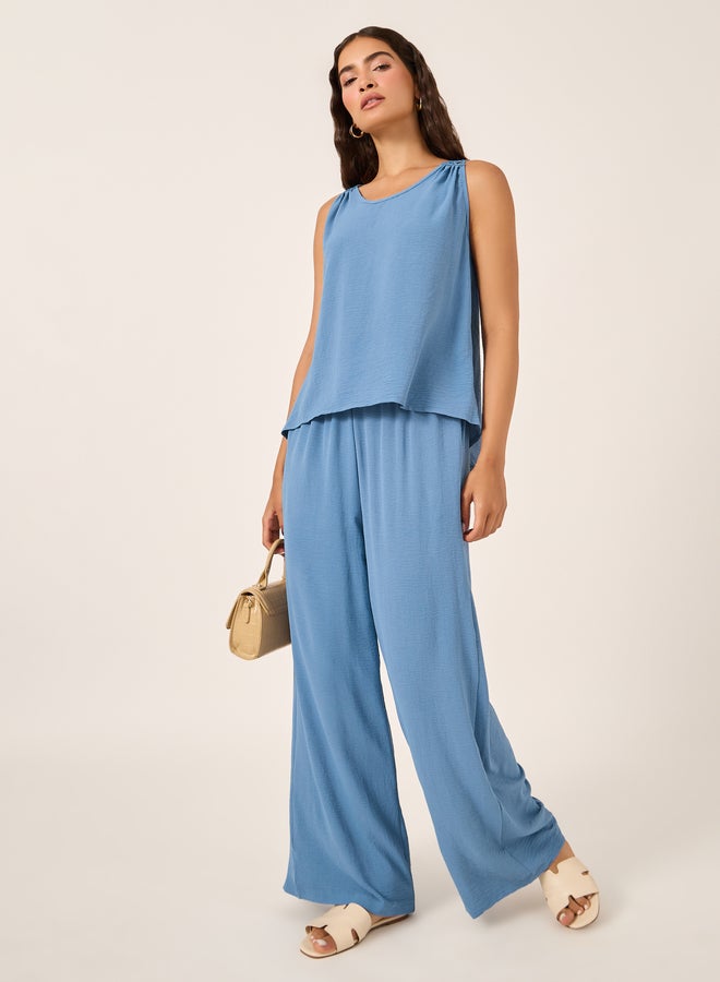 Styli Solid Lace Insert Sleeveless Top and Wide Leg Pants Co-Ords  - Image 1