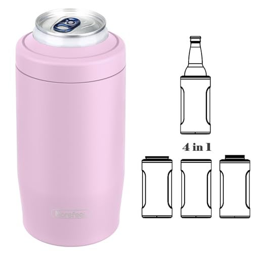 MoreFeel 4-in-1 Skinny Can Cooler Double Wall Stainless Steel Insulated Can Holder,Can Coozie, Works With 12 Oz Slim Can,Standard Cans,Beer Bottles & As Pint Cups (Pink) - Image 1