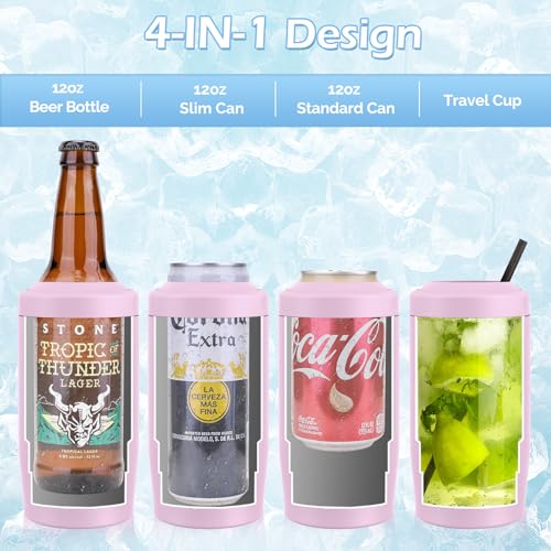 MoreFeel 4-in-1 Skinny Can Cooler Double Wall Stainless Steel Insulated Can Holder,Can Coozie, Works With 12 Oz Slim Can,Standard Cans,Beer Bottles & As Pint Cups (Pink) - Image 2