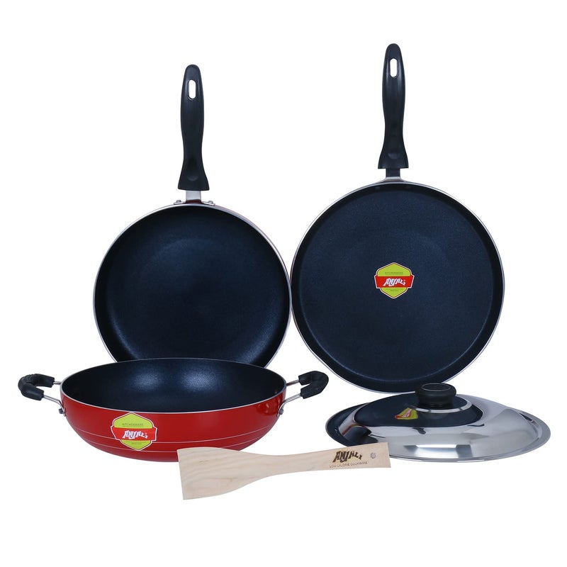Anjali Non-Stick Dosa Tawa, Fry Pan and Kadai, 30 X Cm, Set of 3, Maroon - Image 1