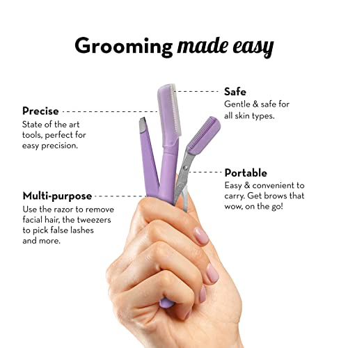 Plush 3-in-1 Professional Eyebrow Grooming Kit | Eyebrow Razor + Eyebrow Scissor Comb + Tweezer | For Instant & Painless Hair Removal At Home or On The Go | Precise & Safe Eyebrow Grooming Set - Image 4