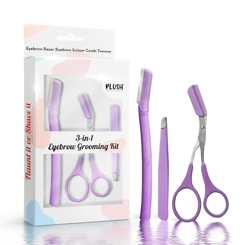 Plush 3-in-1 Professional Eyebrow Grooming Kit | Eyebrow Razor + Eyebrow Scissor Comb + Tweezer | For Instant & Painless Hair Removal At Home or On The Go | Precise & Safe Eyebrow Grooming Set - Image 1