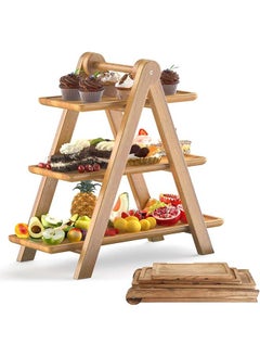 L&E 4 Pack Wood 3 Tier Serving Tray Set 3 Tiered Cupcake Stand and 3 Pcs Wood Tray Rectangle Serving Platter Wooden Farmhouse Tiered Tray for Birthday Party Baby Shower Tray Decor  - Image 1