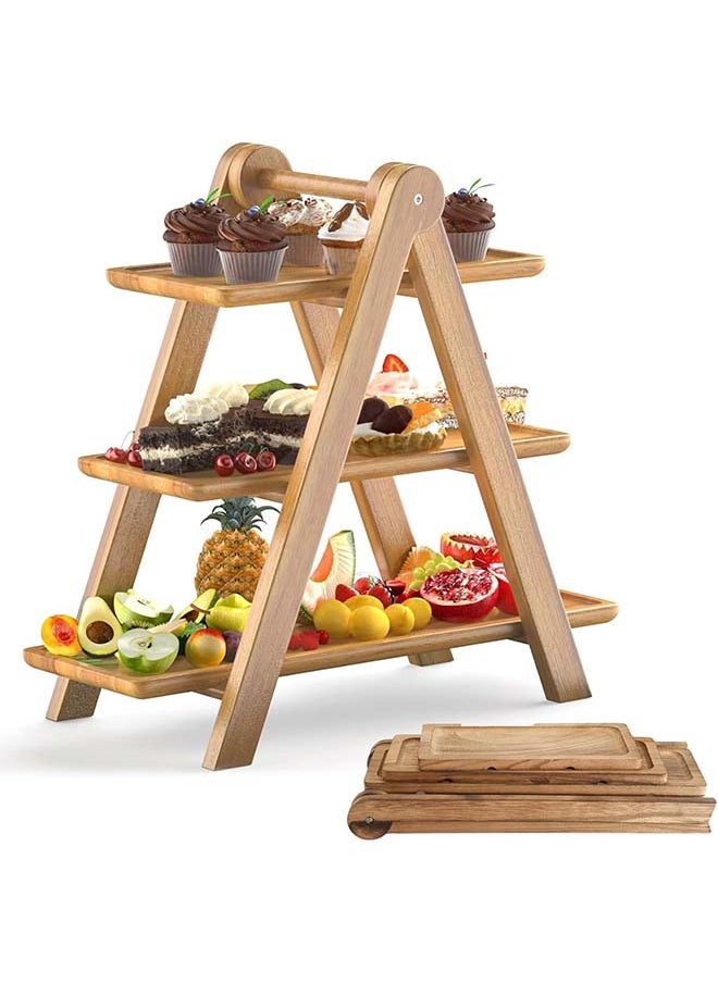 L&E 4 Pack Wood 3 Tier Serving Tray Set 3 Tiered Cupcake Stand and 3 Pcs Wood Tray Rectangle Serving Platter Wooden Farmhouse Tiered Tray for Birthday Party Baby Shower Tray Decor  - Image 1