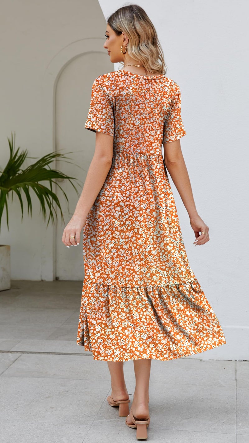 Jeqeocafy Summer Dresses for Women Flowy Maxi Sundress Short Sleeve Tiered Beach Dress with Pockets 2026 Vacation Travel - Image 4