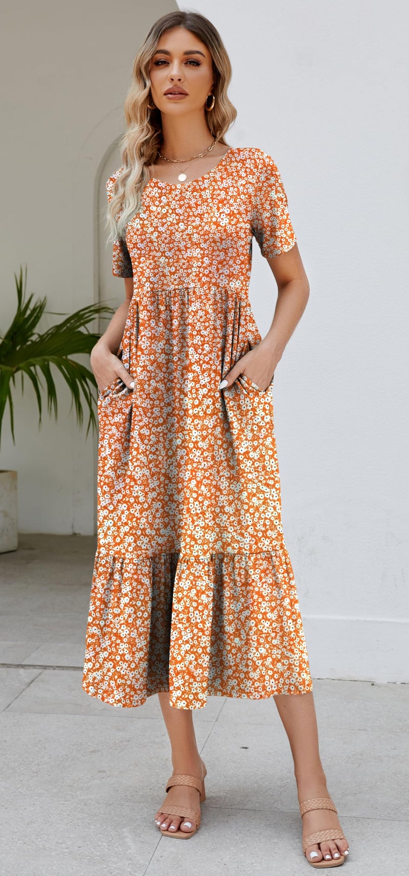 Jeqeocafy Summer Dresses for Women Flowy Maxi Sundress Short Sleeve Tiered Beach Dress with Pockets 2026 Vacation Travel - Image 2