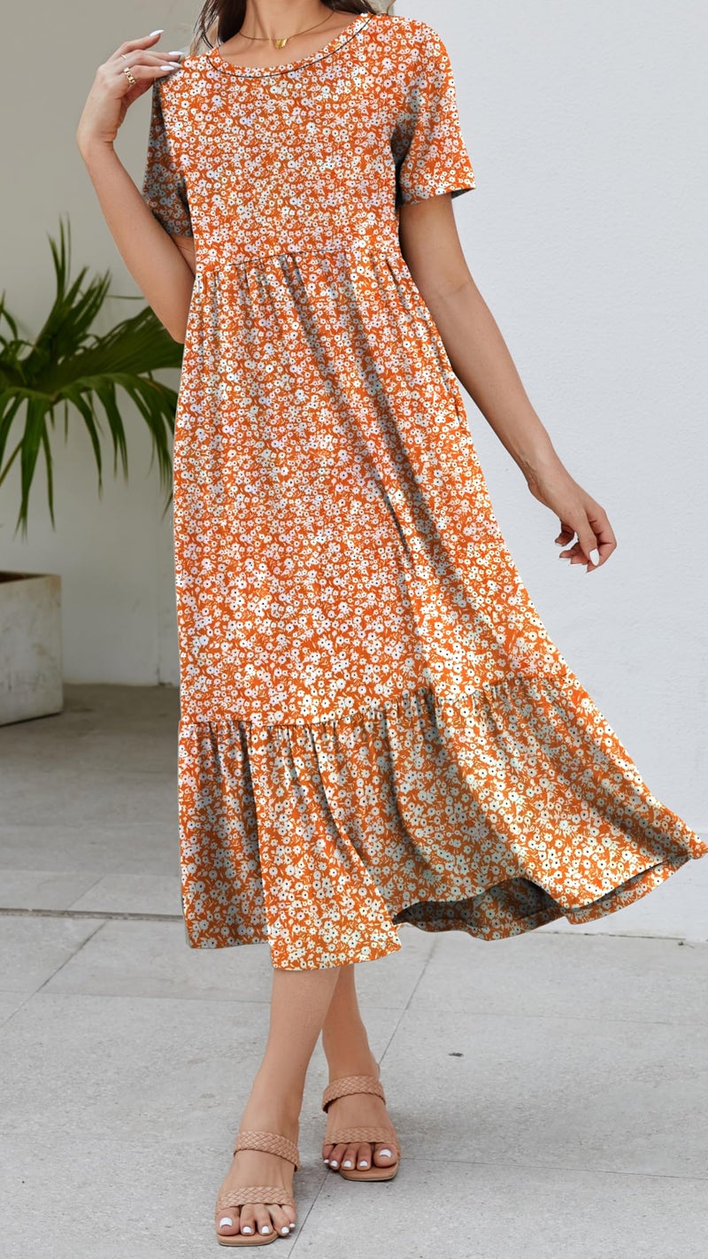 Jeqeocafy Summer Dresses for Women Flowy Maxi Sundress Short Sleeve Tiered Beach Dress with Pockets 2026 Vacation Travel - Image 5