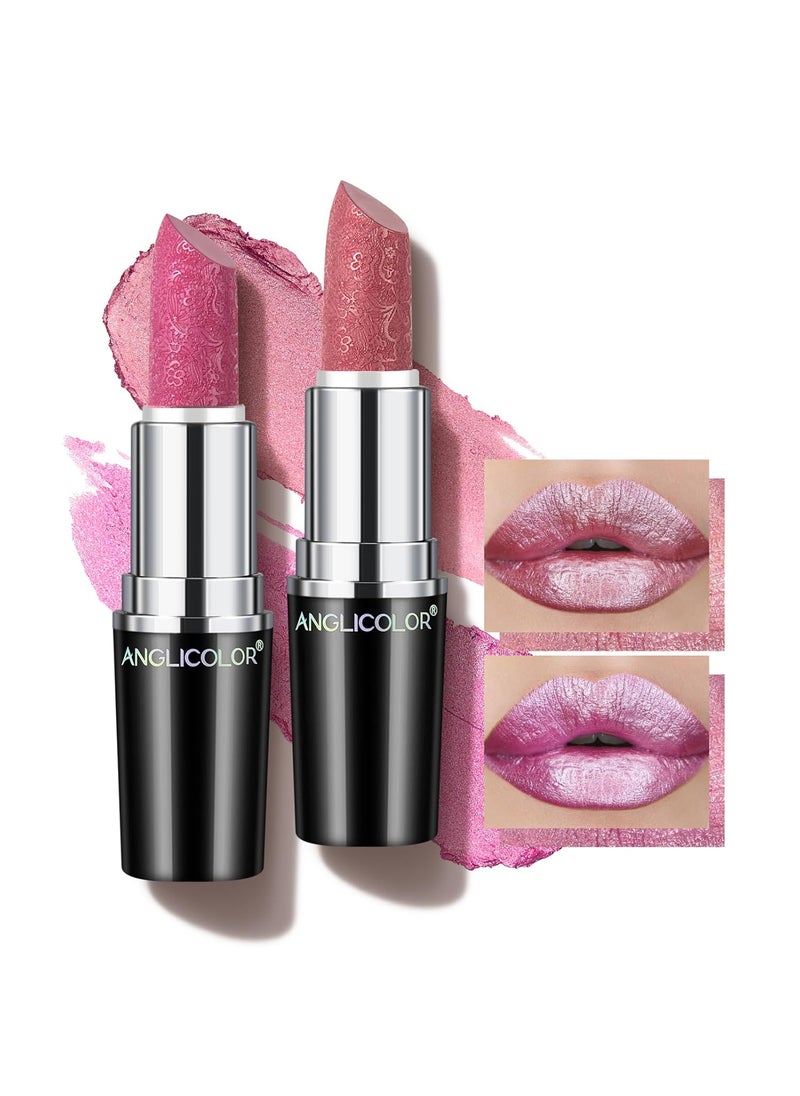 Anglicolor 2pcs Glitter Lipstick High Impact Lipcolor,Pink Lipstick Moisturizing Creamy Formula,Metallic Lipstick For Women For Vegan & Cruelty-Free,Full-Coverage Lip Color 