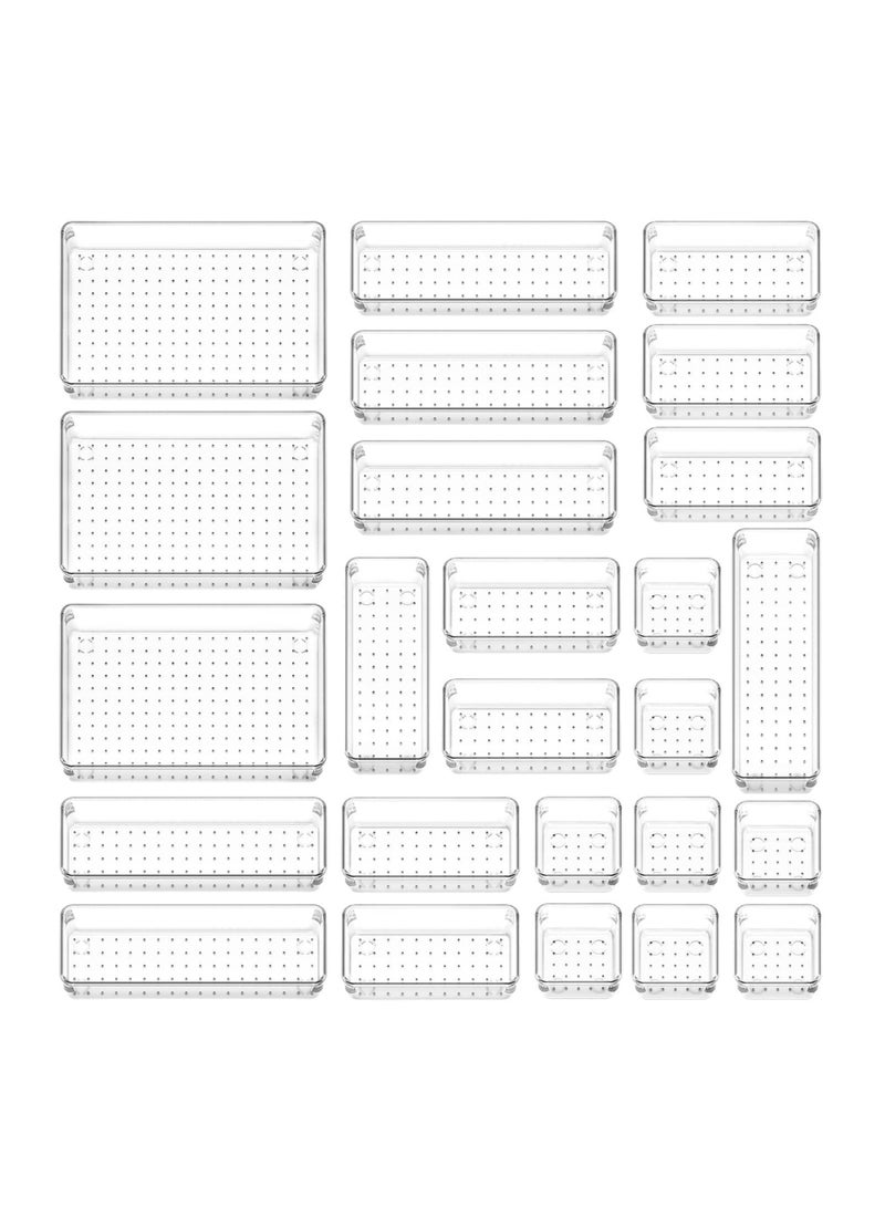 LEFAFA 25 PCS Clear Plastic Drawer Organizers Set, 4 Different Size Versatile Bathroom and Vanity Drawer Organizer Trays, Storage Bins for Makeup, Bedroom, Kitchen Gadgets Utensils and Office - Image 1
