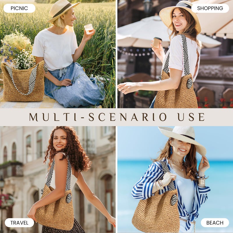fauson Beach Bags for Women Woven Beach Tote Bag Casual Boho Large Crossbody Shoulder Handbags Purse for Vacation Holiday - Image 2