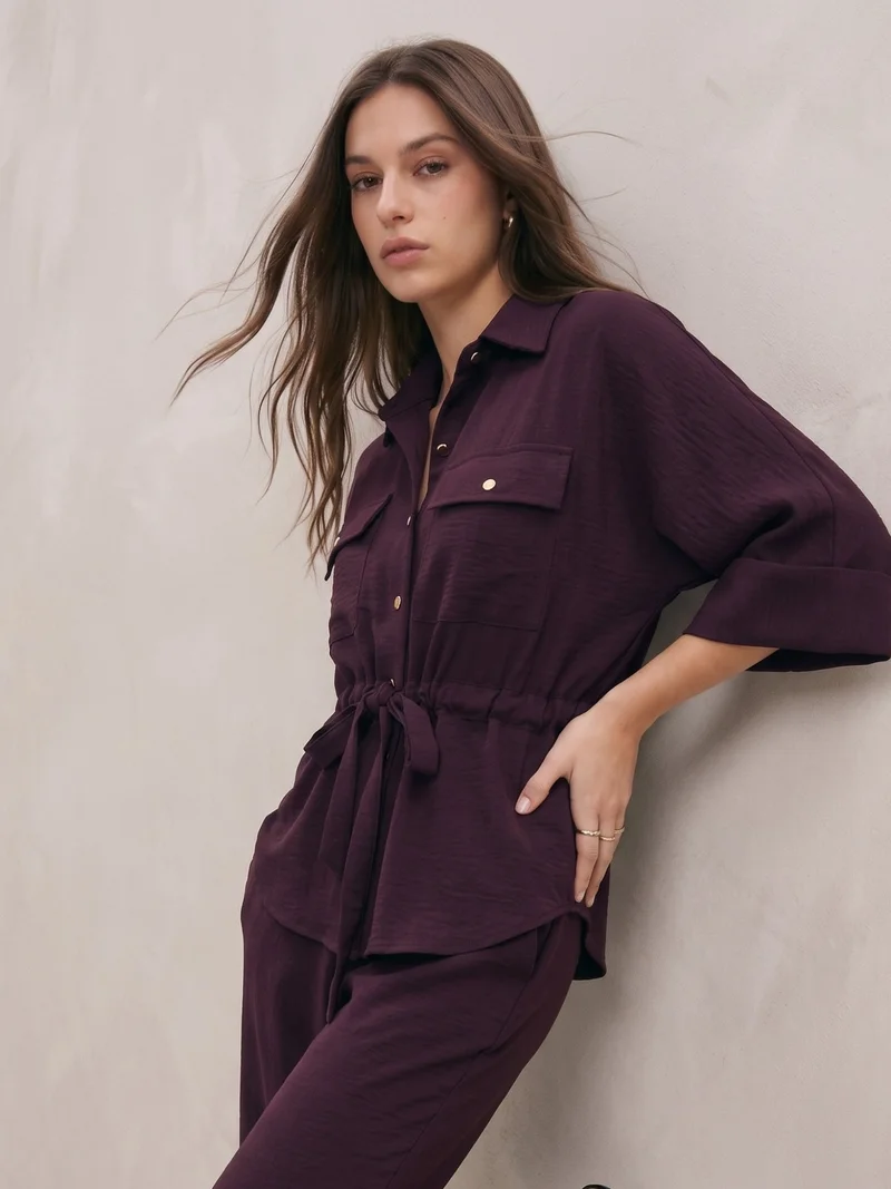 Outzidr Maroon Coord Set With Oversized Utility Shirt With Wide Leg Touser In Elevated Textured Fabric