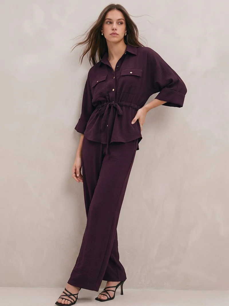 Outzidr Maroon Coord Set With Oversized Utility Shirt With Wide Leg Touser In Elevated Textured Fabric