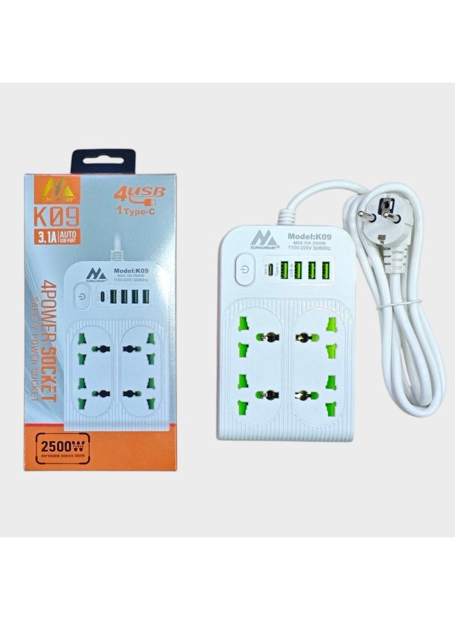K09 Power Strip 4 Sockets + 4 USB + 1 Type-C – Box Pack