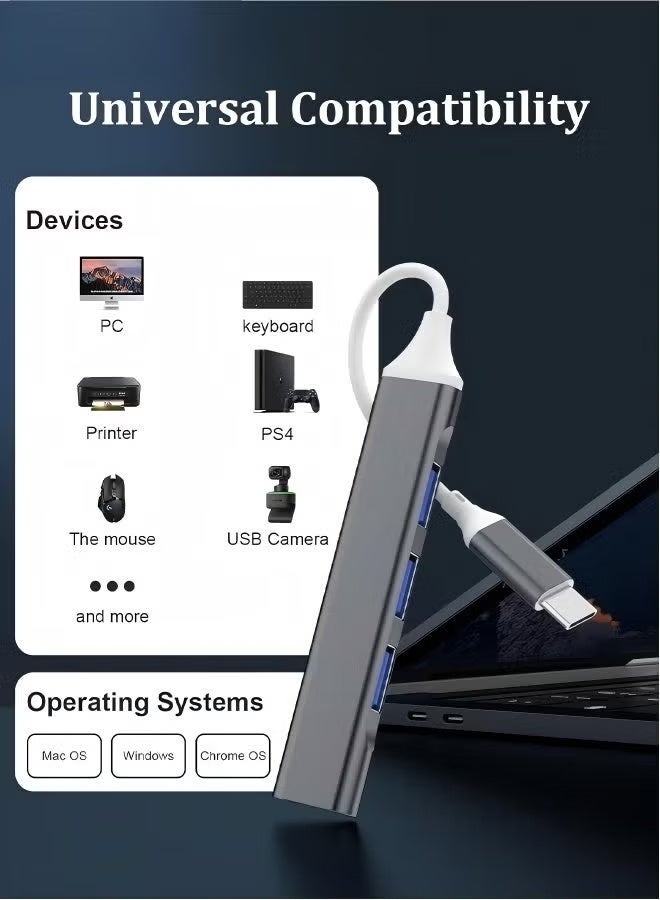 موزع USB صغير محمول من النوع C، 4 في 1 - موزع USB 3.0 + USB 2.0 لأجهزة الكمبيوتر المحمولة، ماك بوك، آيباد، والأجهزة اللوحية - Image 3