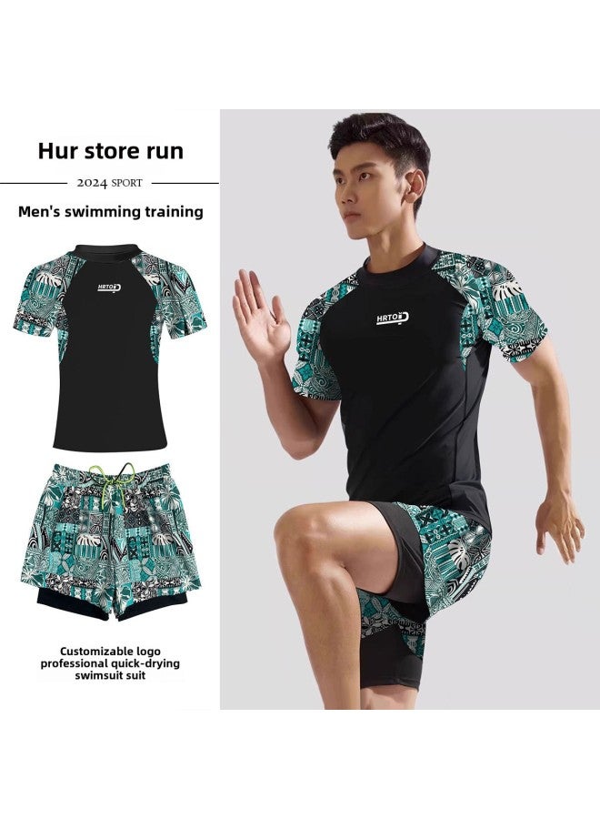 Generic Hu Run Men's Swimsuit Suit Double Layer Anti-Embarrassment Plus Size Loose Swimming Trunks Beach Holiday Swimsuit-Color:Top And Pants-Size:3XL (65.00 Kg-75.00 Kg  - Image 1