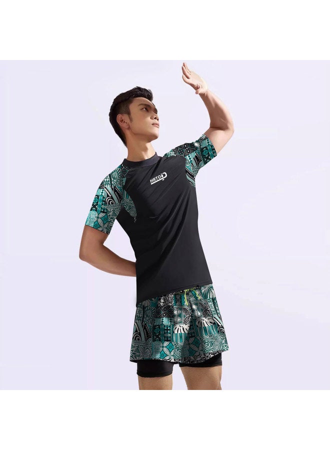 Generic Hu Run Men's Swimsuit Suit Double Layer Anti-Embarrassment Plus Size Loose Swimming Trunks Beach Holiday Swimsuit-Color:Top And Pants-Size:3XL (65.00 Kg-75.00 Kg  - Image 3