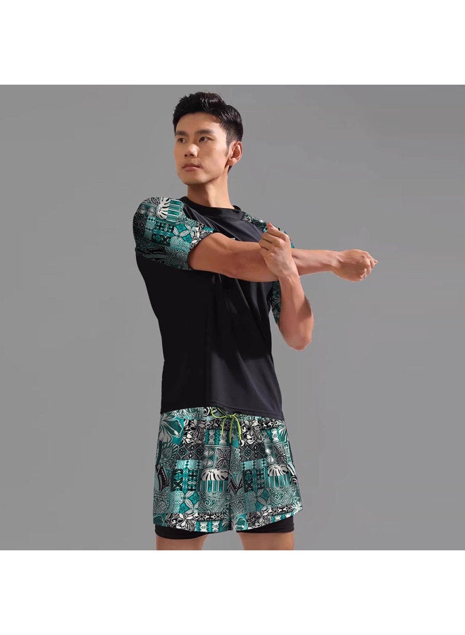 Generic Hu Run Men's Swimsuit Suit Double Layer Anti-Embarrassment Plus Size Loose Swimming Trunks Beach Holiday Swimsuit-Color:Top And Pants-Size:3XL (65.00 Kg-75.00 Kg  - Image 4