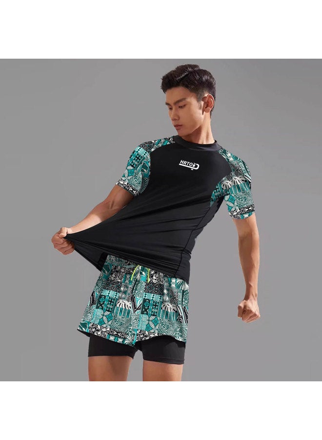 Generic Hu Run Men's Swimsuit Suit Double Layer Anti-Embarrassment Plus Size Loose Swimming Trunks Beach Holiday Swimsuit-Color:Top And Pants-Size:3XL (65.00 Kg-75.00 Kg  - Image 2