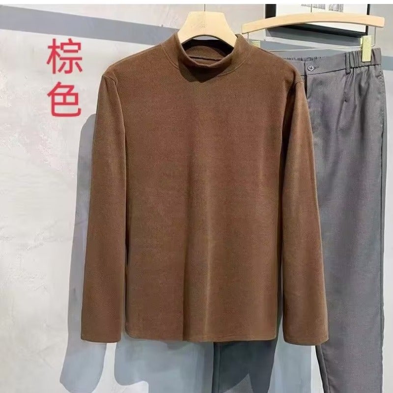 Warm Long-Sleeved T-Shirt Men'S Round Neck Mid Collar Inner T-Shirt Top Solid Color Velvet Half Turtleneck Bottoming Shirt - Image 5