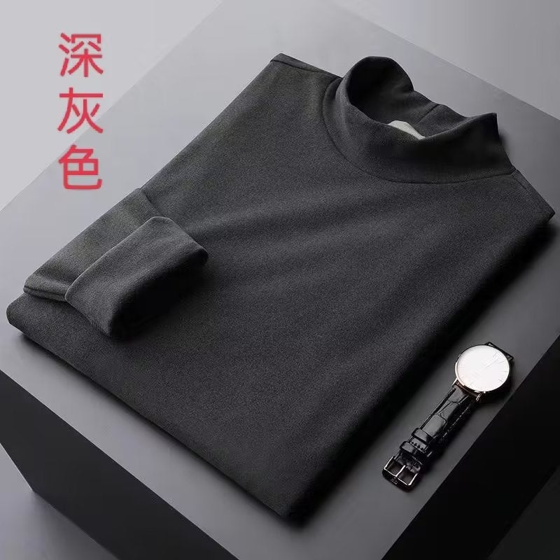 Warm Long-Sleeved T-Shirt Men'S Round Neck Mid Collar Inner T-Shirt Top Solid Color Velvet Half Turtleneck Bottoming Shirt - Image 1