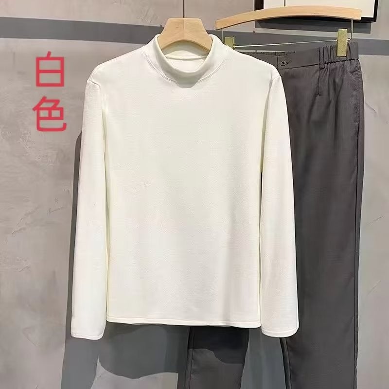 Warm Long-Sleeved T-Shirt Men'S Round Neck Mid Collar Inner T-Shirt Top Solid Color Velvet Half Turtleneck Bottoming Shirt - Image 2