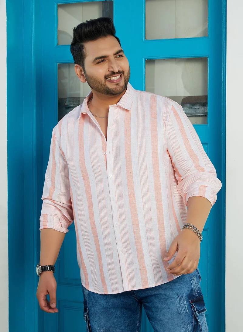 Instafab Plus Instafab Plus Men's Apricot Orange Pincandy-Striped Regular Shirt For Casual Wear | Spread Collar | Long Cuffed Sleeves | Button Closure | Plus Size Shirt Crafted With Comfort Fit For Everyday Wear