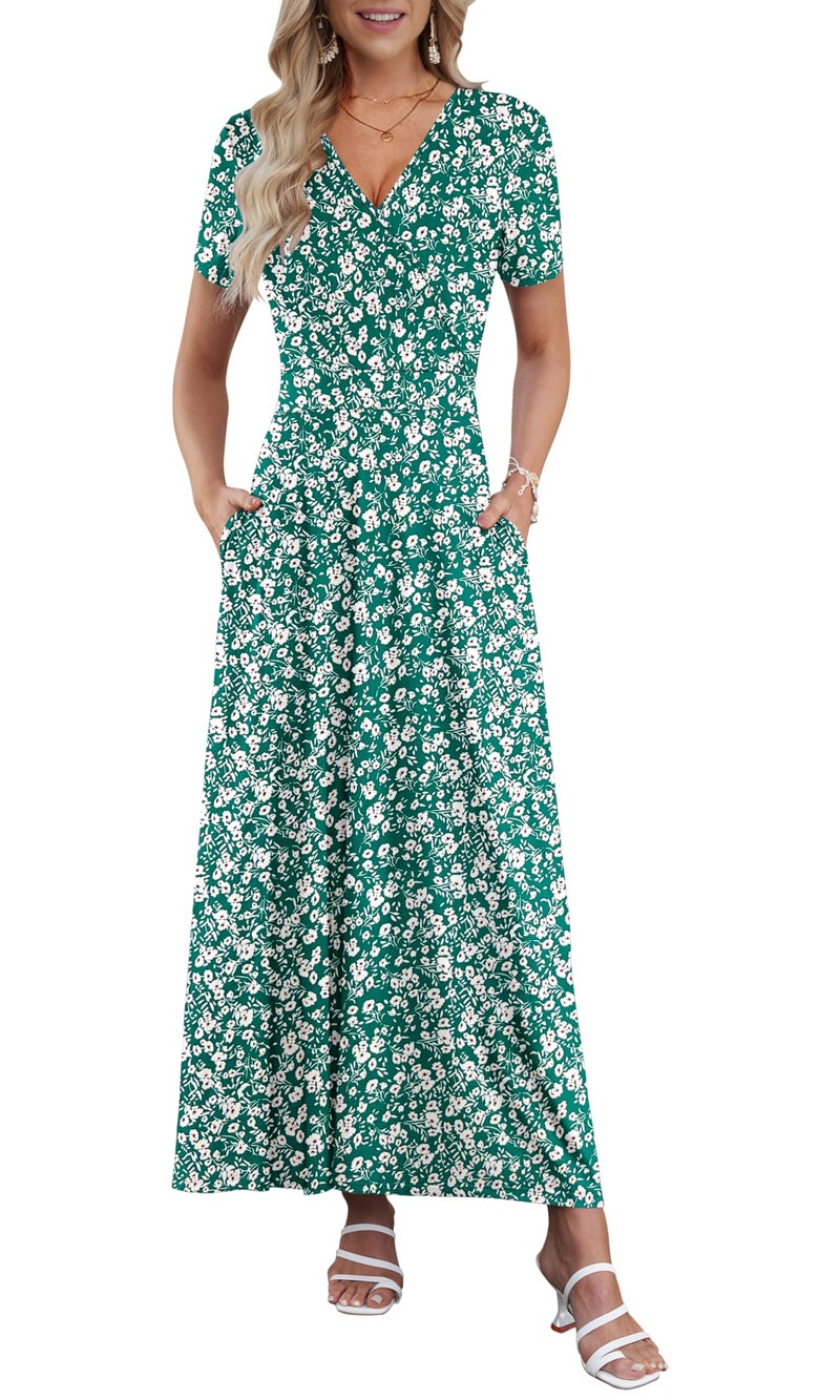 AUSELILY Maxi Dresses for Women Ankle Length Floral Print Beach Long Flowy Dress with Pockets Green Little Flower XL - Image 1