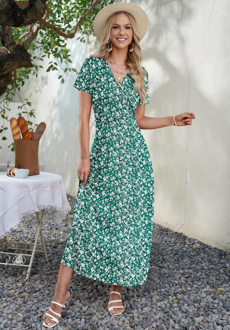 AUSELILY Maxi Dresses for Women Ankle Length Floral Print Beach Long Flowy Dress with Pockets Green Little Flower XL - Image 4