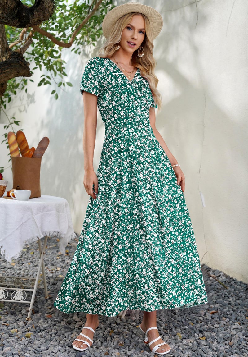 AUSELILY Maxi Dresses for Women Ankle Length Floral Print Beach Long Flowy Dress with Pockets Green Little Flower XL - Image 3