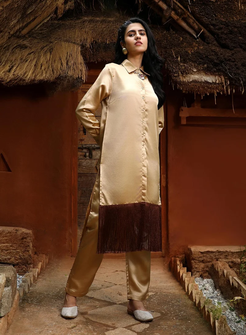  قصة تونيك نسائي بني فاتح بشراشيب وسروال