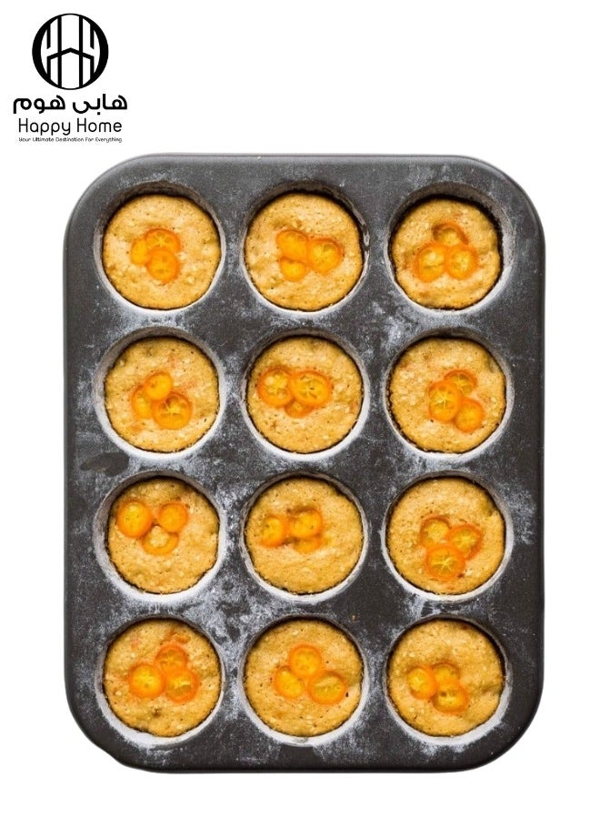 Happy Home Nonstick 12-Cup Muffin Baking Tray – 35×26cm Cupcake & Muffin Pan for Oven, Fridge & Freezer – Easy Release Non-Stick Surface, 4cm Deep Cupcake Tin for Baking Cupcakes, Mini Muffins & Desserts – Easy to Clean - Image 1