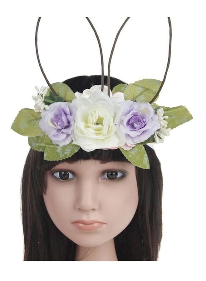 NIBEMINENT Spring Bunny Flower Crown Headband White/Purple/Green - Image 2