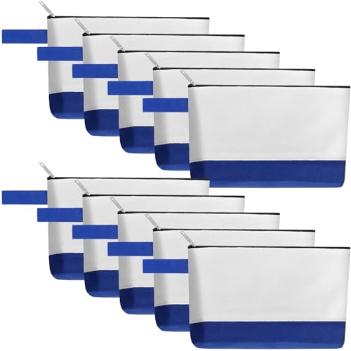 Sinzip 10 Pieces Cotton Canvas Makeup Bag with Bottom and Strap, Multi-Purpose Cosmetic Bag with Zipper Travel Toiletry Pouch, Blank DIY Craft Bag (White&Blue, XS) - Image 1