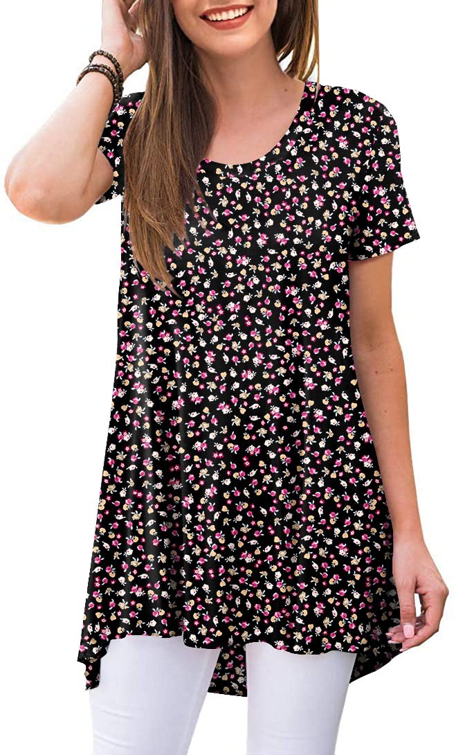 POPYOUNG Women's Summer Long Tunic Top To Wear With Leggings Short Sleeve Shirt Loose Fit Dressy L, Small Flower Black - Image 5