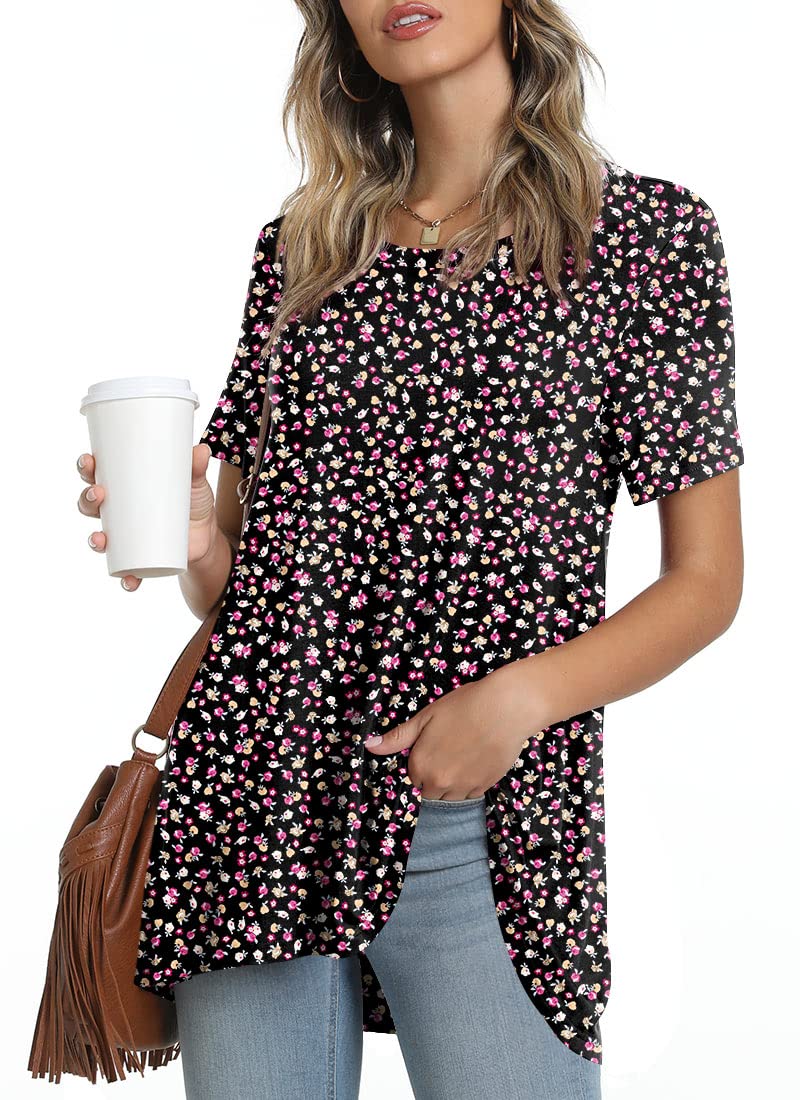 POPYOUNG Women's Summer Long Tunic Top To Wear With Leggings Short Sleeve Shirt Loose Fit Dressy L, Small Flower Black - Image 2