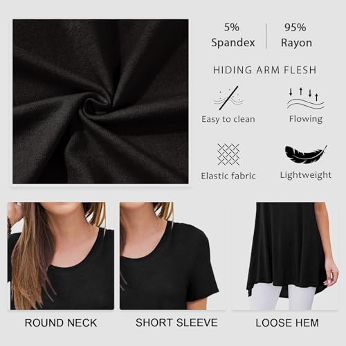 POPYOUNG Women's Summer Long Tunic Top To Wear With Leggings Short Sleeve Shirt Loose Fit Dressy L, Small Flower Black - Image 4