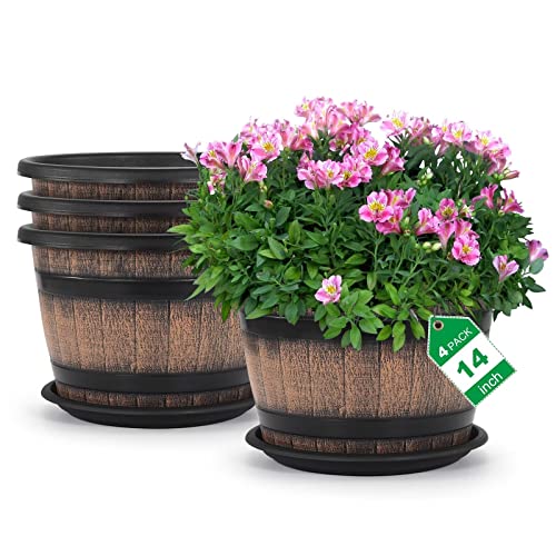 Quarut Large Plastic 4 Pack14 inch Plant Pots,Whiskey Barrel Planters with Drainage Holes & Saucer.Flower Pots Imitation Wine Barrel Design for Indoor & Outdoor Garden Balcony Plants.5 Gallons(Brown) - Image 1