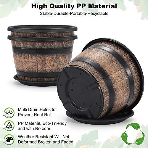 Quarut Large Plastic 4 Pack14 inch Plant Pots,Whiskey Barrel Planters with Drainage Holes & Saucer.Flower Pots Imitation Wine Barrel Design for Indoor & Outdoor Garden Balcony Plants.5 Gallons(Brown) - Image 3